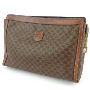 CELINE Clutch Bag Macadam Beige PVC ?~ Leather Authentic